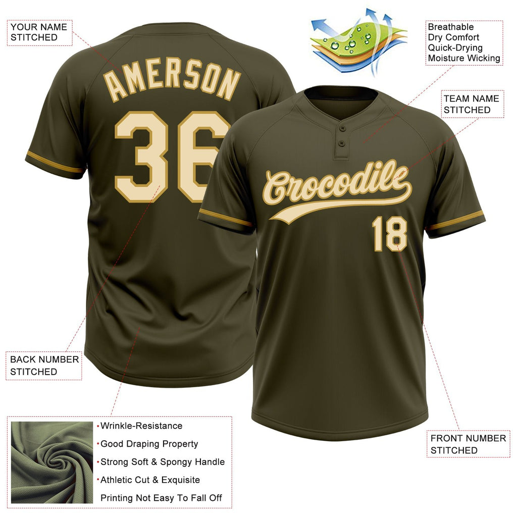 Custom Olive Cream-Old Gold Salute To Service Two-Button Unisex Softball Jersey photo 3