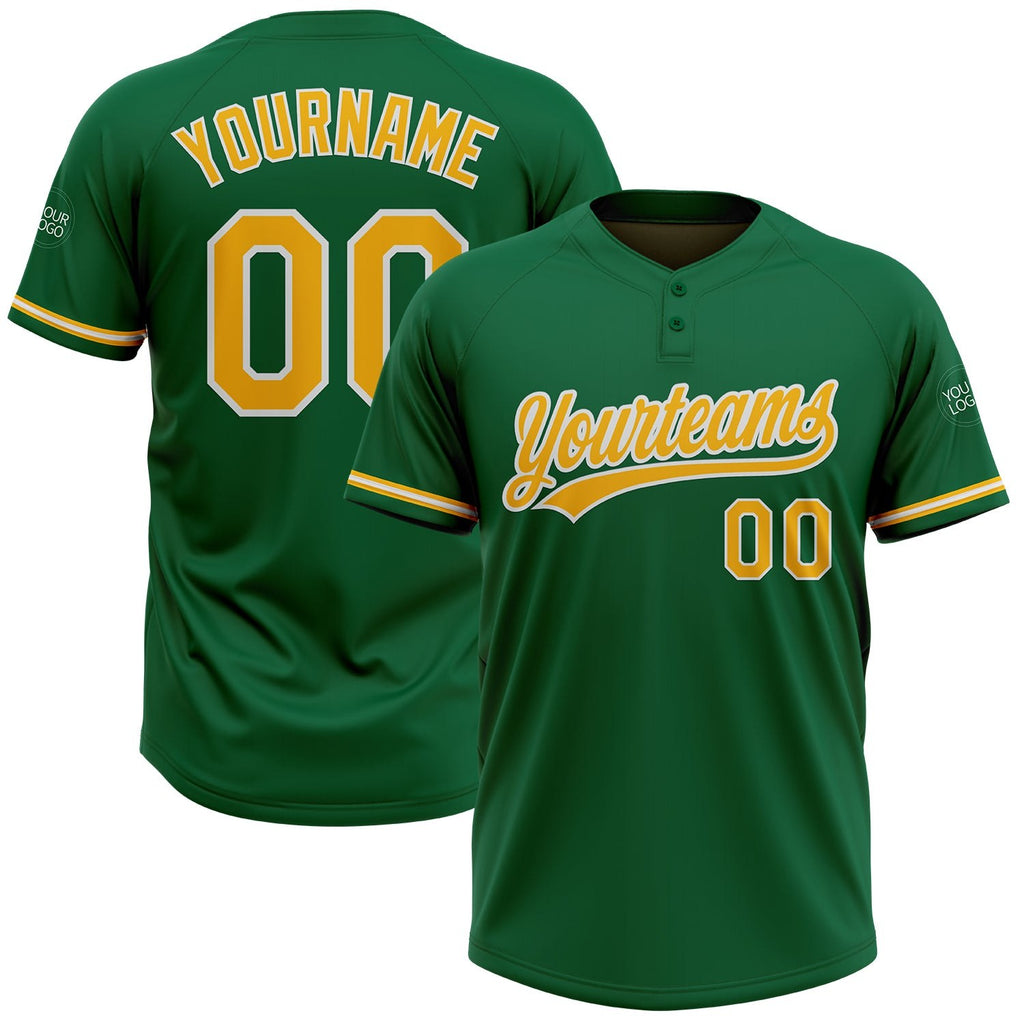 Custom Kelly Green Gold-White Two-Button Unisex Softball Jersey photo 1
