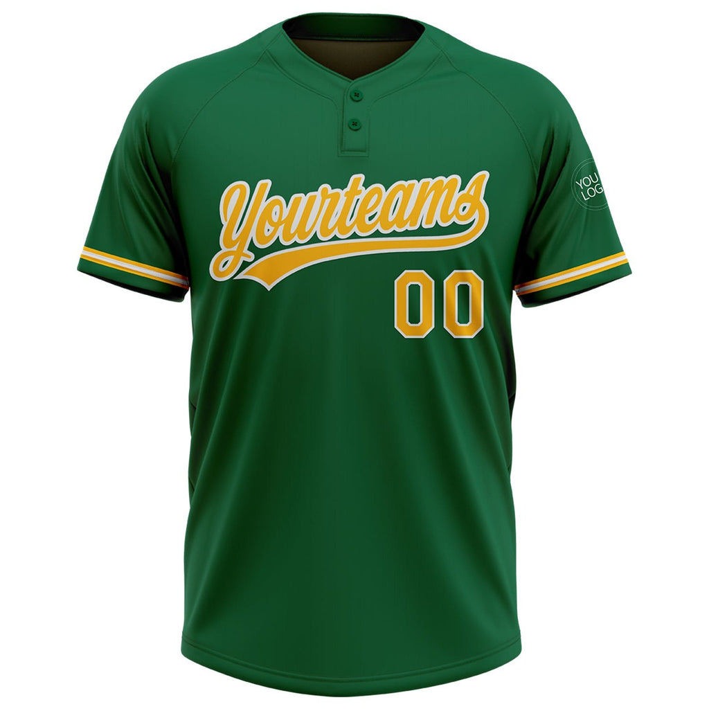 Custom Kelly Green Gold-White Two-Button Unisex Softball Jersey photo 2