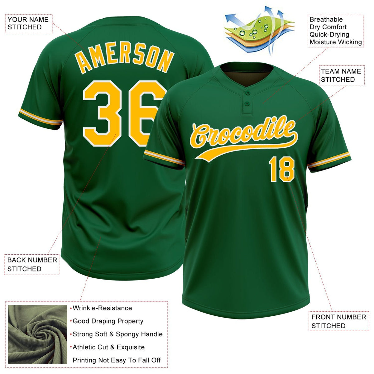 Custom Kelly Green Gold-White Two-Button Unisex Softball Jersey photo 3