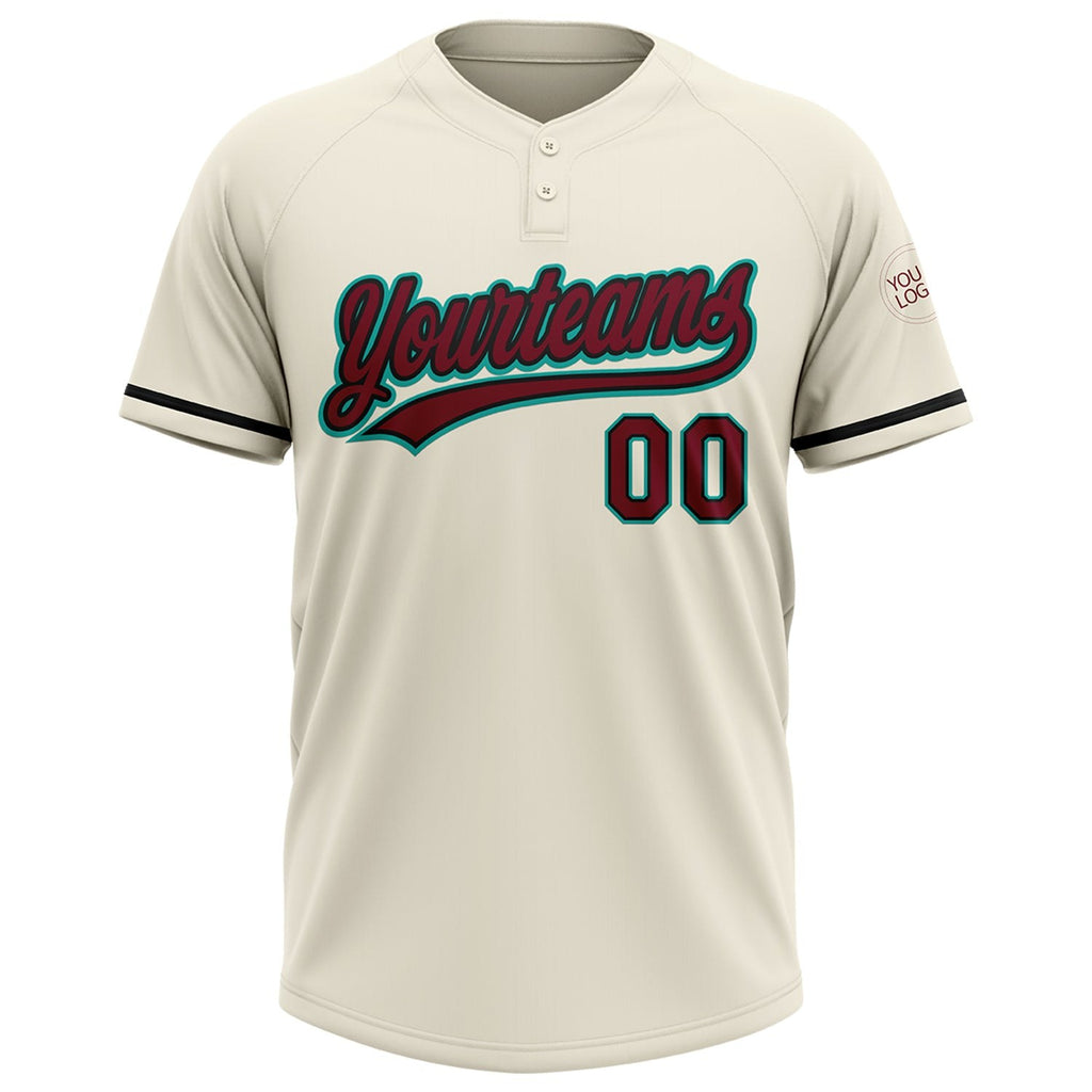 Custom Cream Crimson Black-Aqua Two-Button Unisex Softball Jersey photo 2