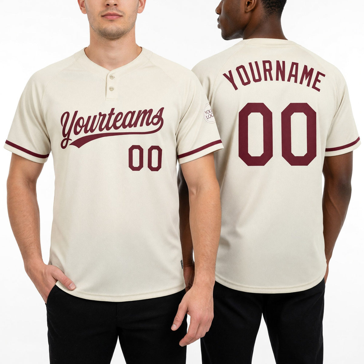 Custom Cream Crimson Two-Button Unisex Softball Jersey worn front and back