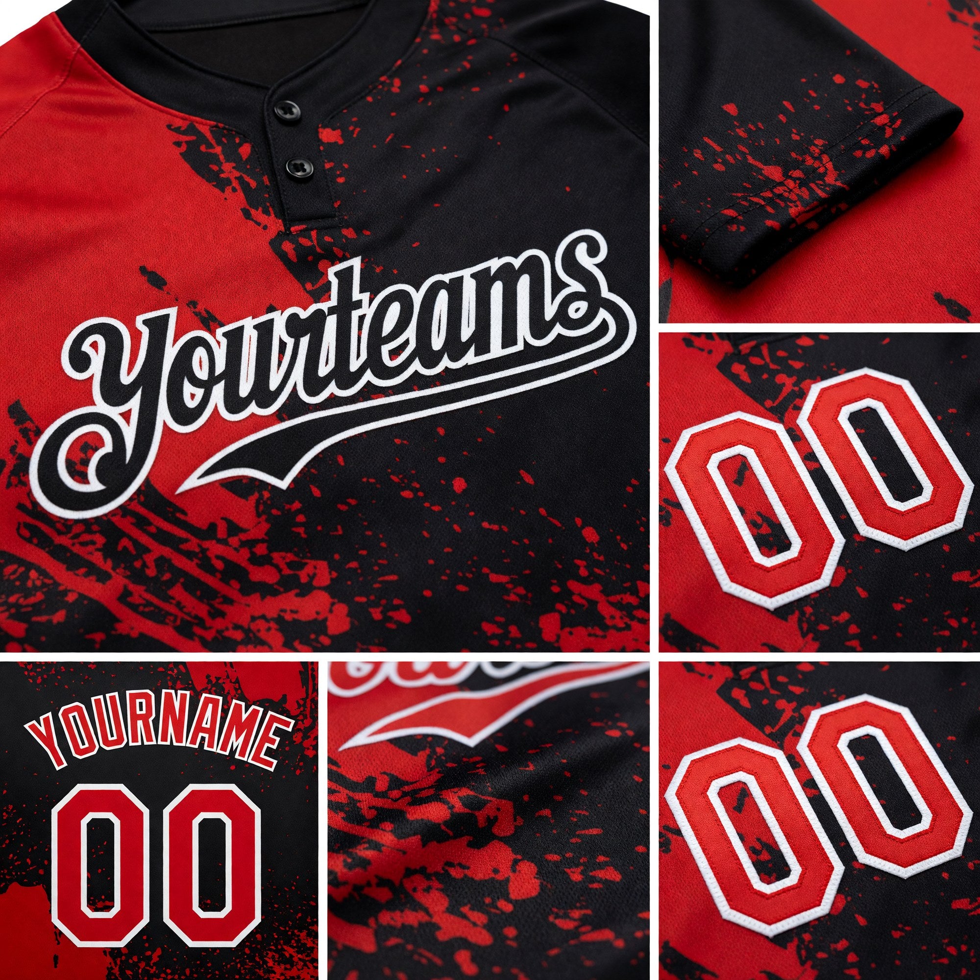 Custom Red Black-White 3D Pattern Abstract Brush Stroke Two-Button Unisex Softball Jersey detail