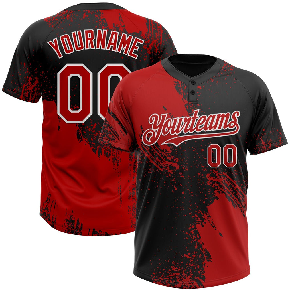 Custom Red Black-White 3D Pattern Abstract Brush Stroke Two-Button Unisex Softball Jersey photo 1