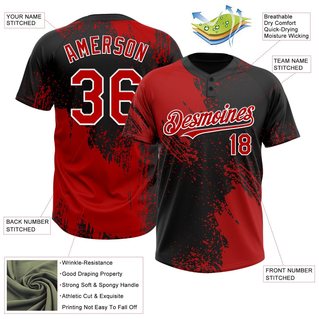 Custom Red Black-White 3D Pattern Abstract Brush Stroke Two-Button Unisex Softball Jersey photo 3