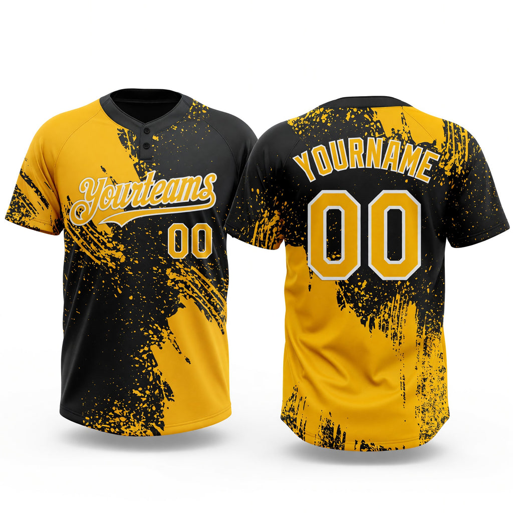 Custom Gold Black-White 3D Pattern Abstract Brush Stroke Two-Button Unisex Softball Jersey