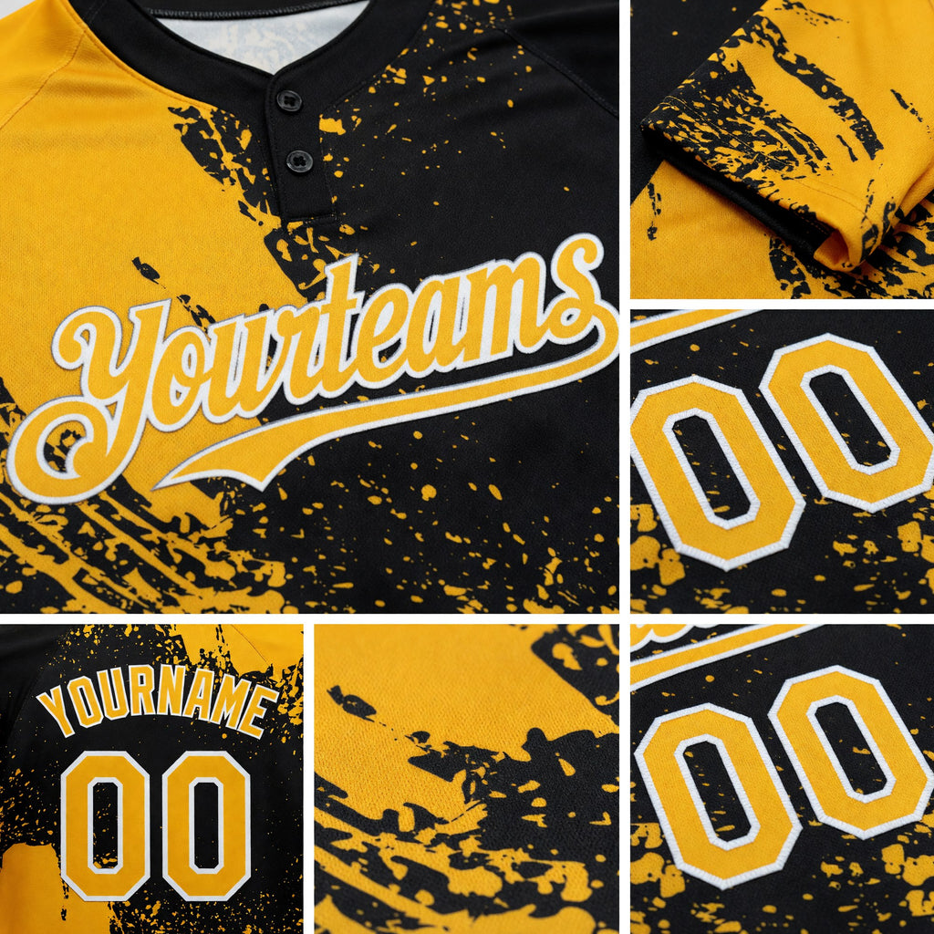 Custom Gold Black-White 3D Pattern Abstract Brush Stroke Two-Button Unisex Softball Jersey detail