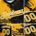 Custom Gold Black-White 3D Pattern Abstract Brush Stroke Two-Button Unisex Softball Jersey detail