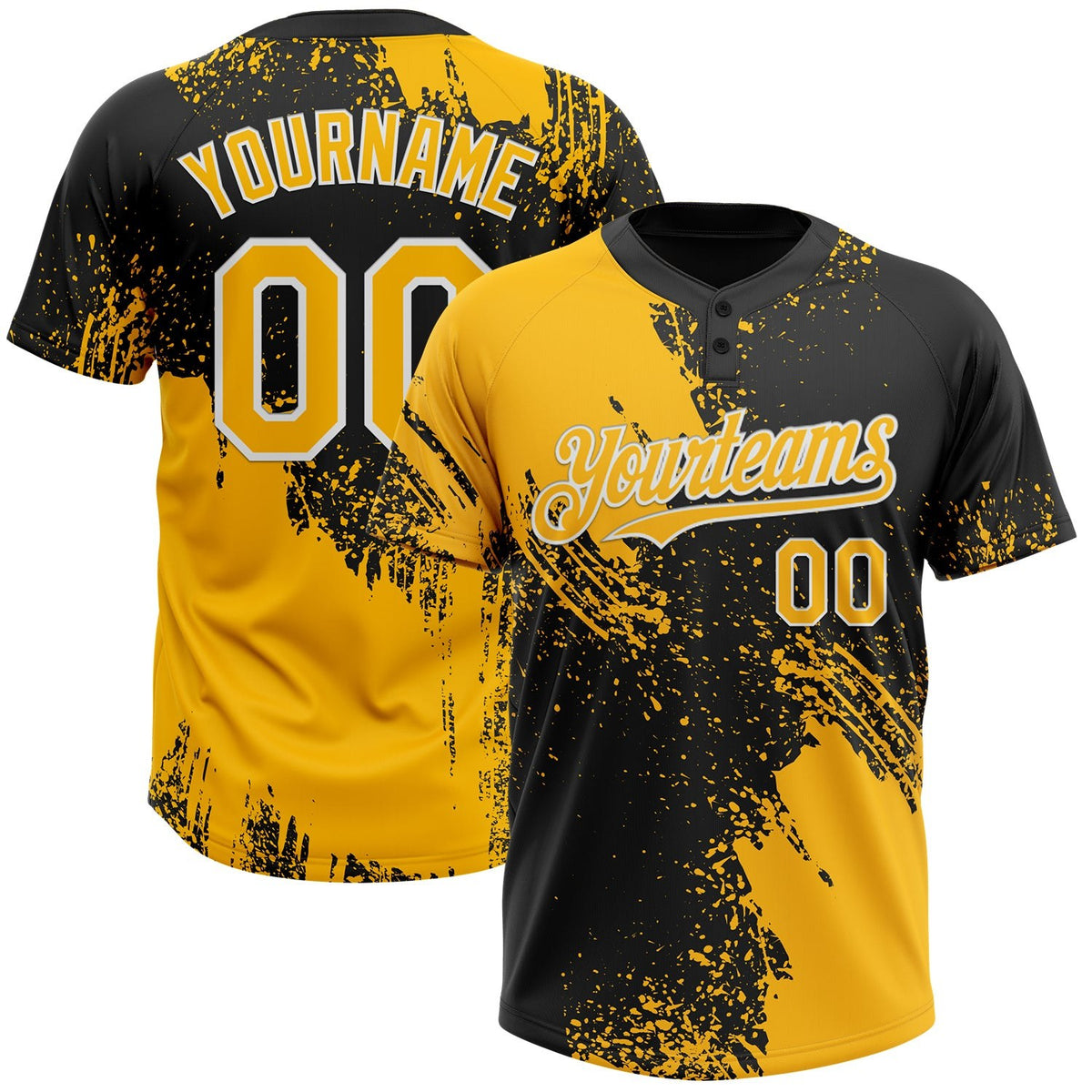 Custom Gold Black-White 3D Pattern Abstract Brush Stroke Two-Button Unisex Softball Jersey photo 1
