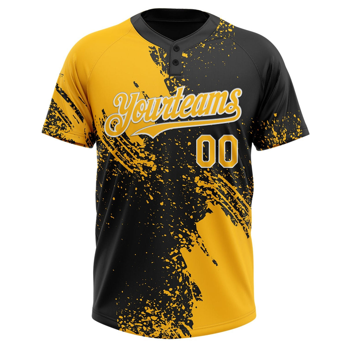 Custom Gold Black-White 3D Pattern Abstract Brush Stroke Two-Button Unisex Softball Jersey photo 2