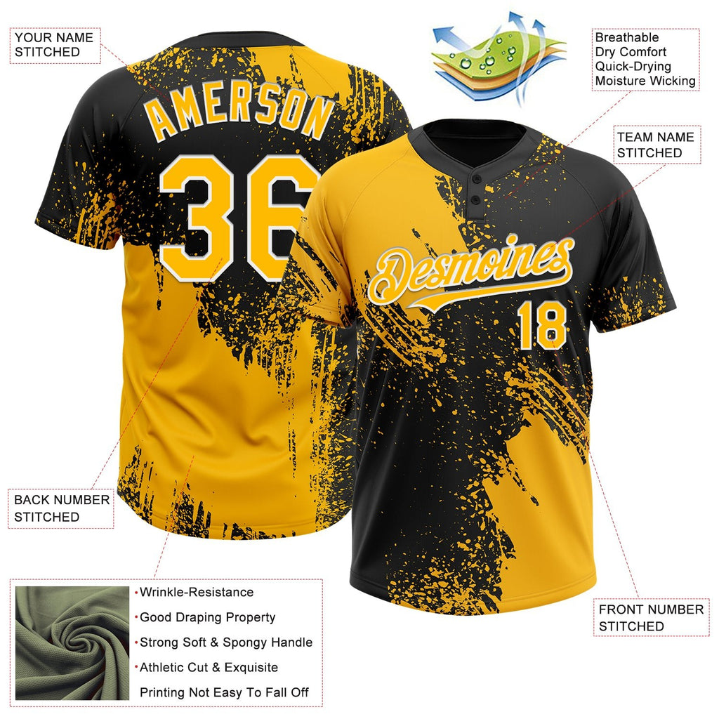 Custom Gold Black-White 3D Pattern Abstract Brush Stroke Two-Button Unisex Softball Jersey photo 3