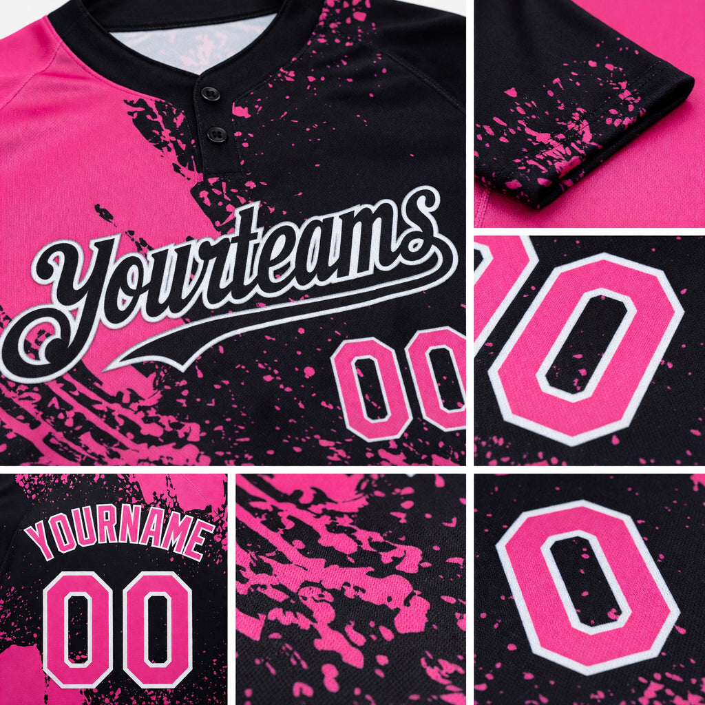 Custom Pink Black-White 3D Pattern Abstract Brush Stroke Two-Button Unisex Softball Jersey detail
