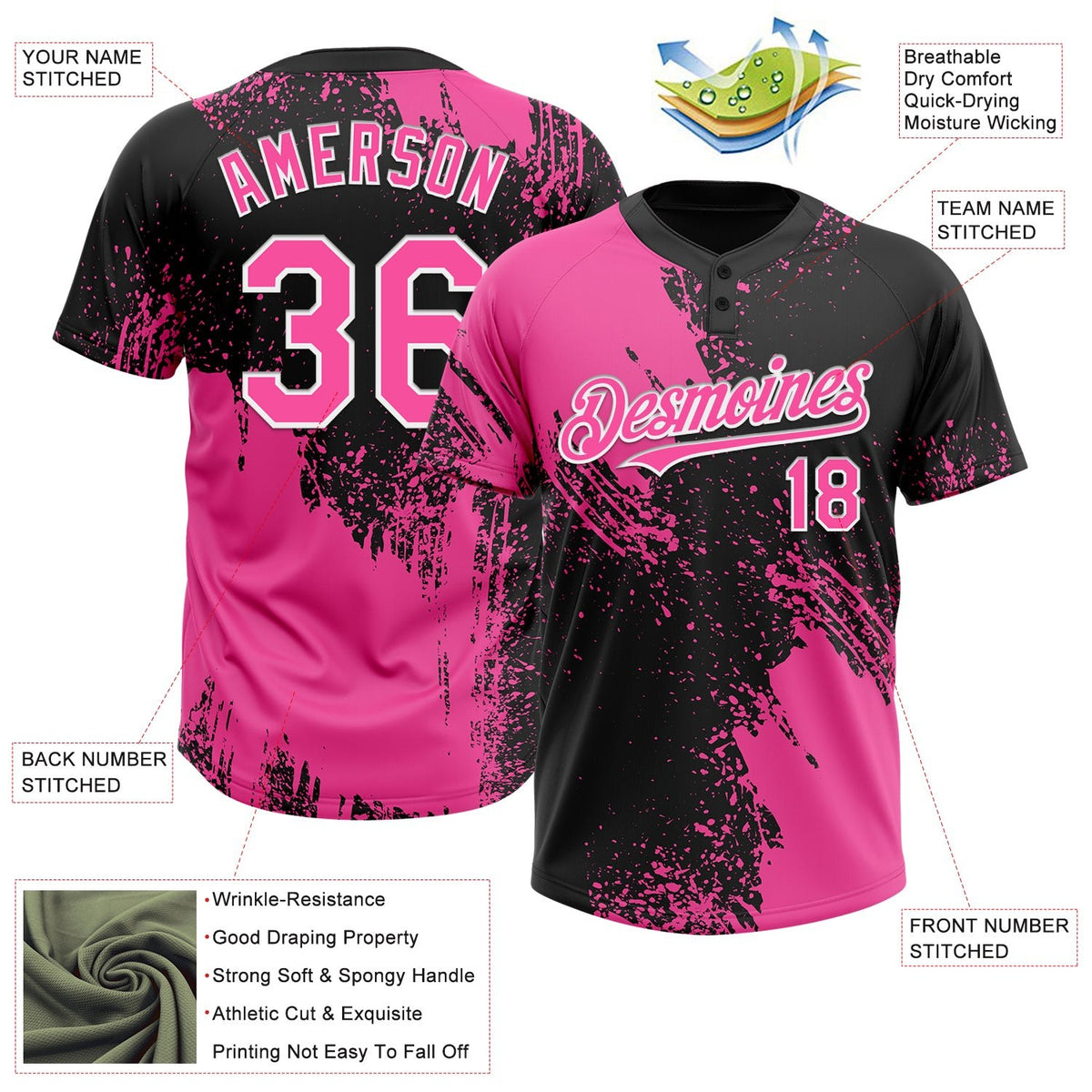 Custom Pink Black-White 3D Pattern Abstract Brush Stroke Two-Button Unisex Softball Jersey photo 3