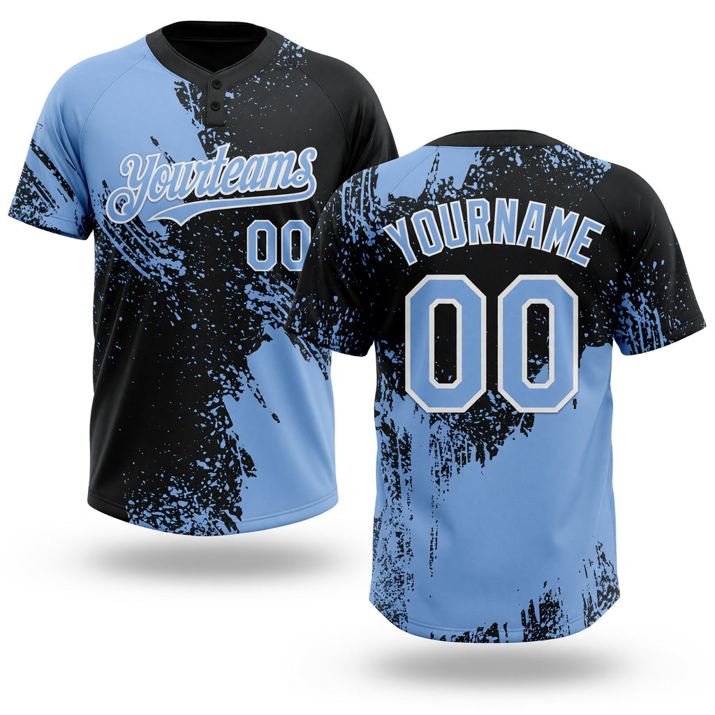Custom Light Blue Black-White 3D Pattern Abstract Brush Stroke Two-Button Unisex Softball Jersey
