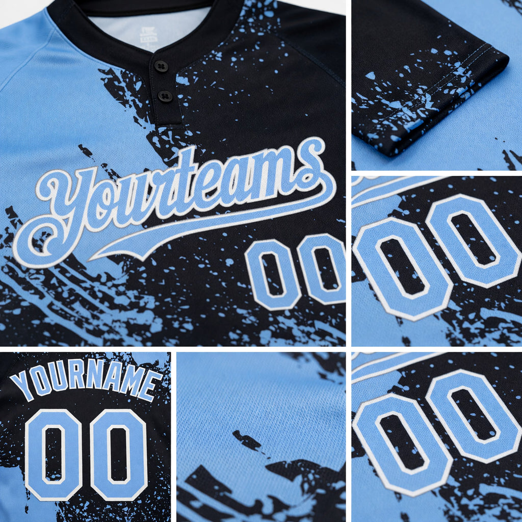 Custom Light Blue Black-White 3D Pattern Abstract Brush Stroke Two-Button Unisex Softball Jersey detail