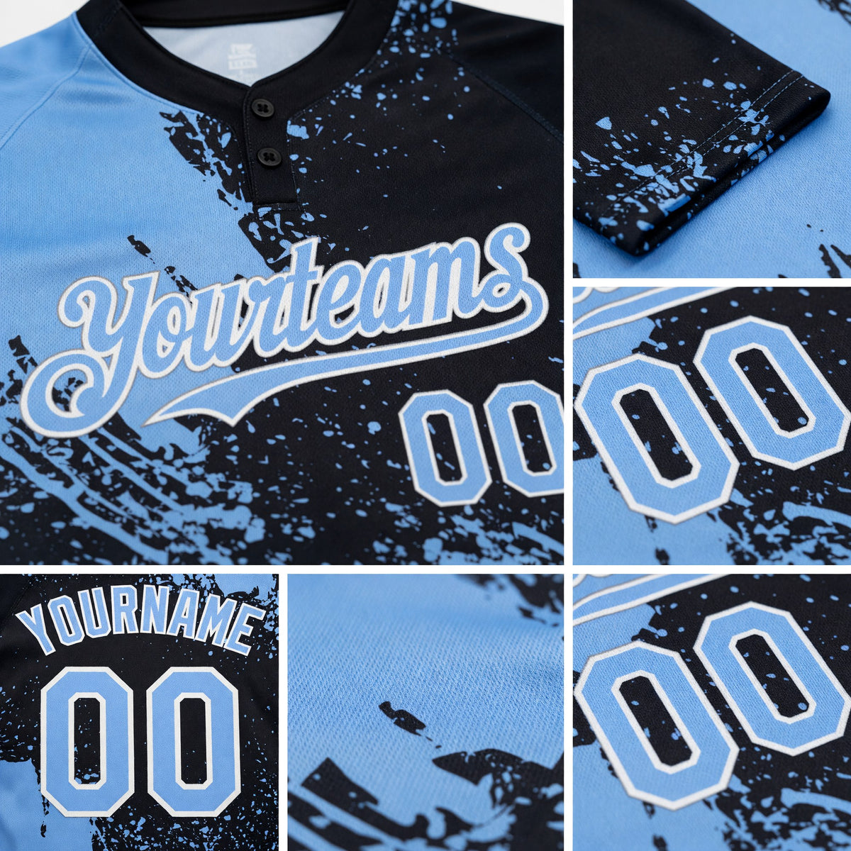 Custom Light Blue Black-White 3D Pattern Abstract Brush Stroke Two-Button Unisex Softball Jersey detail