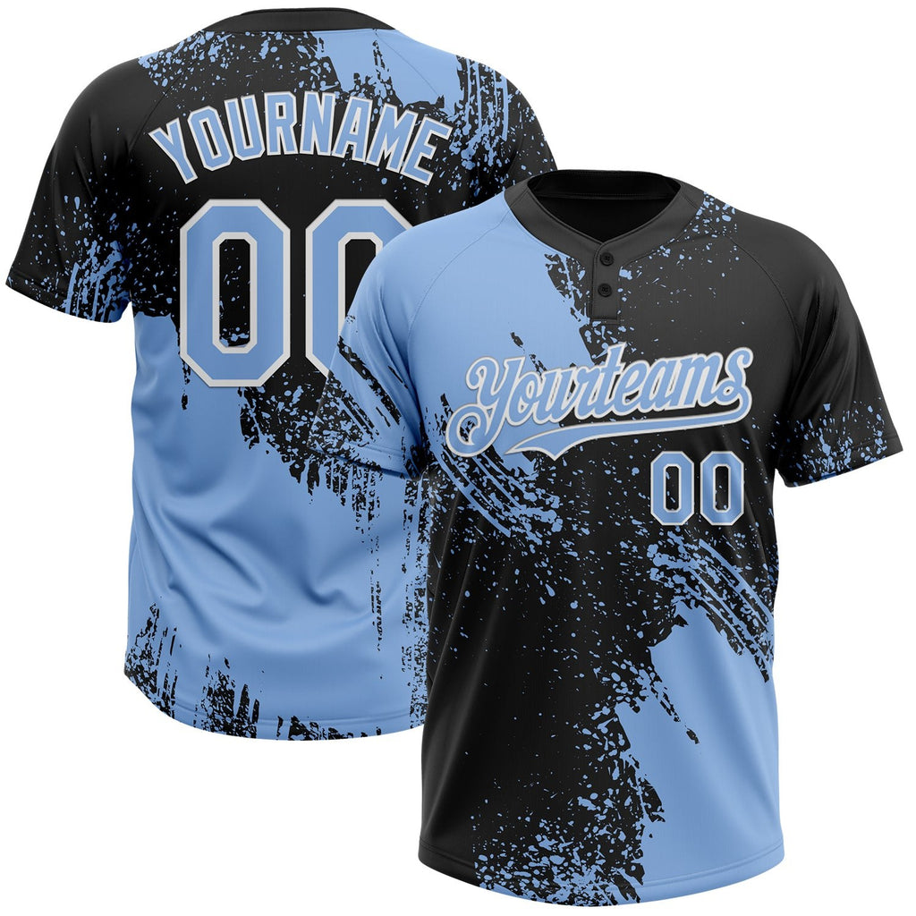 Custom Light Blue Black-White 3D Pattern Abstract Brush Stroke Two-Button Unisex Softball Jersey photo 1