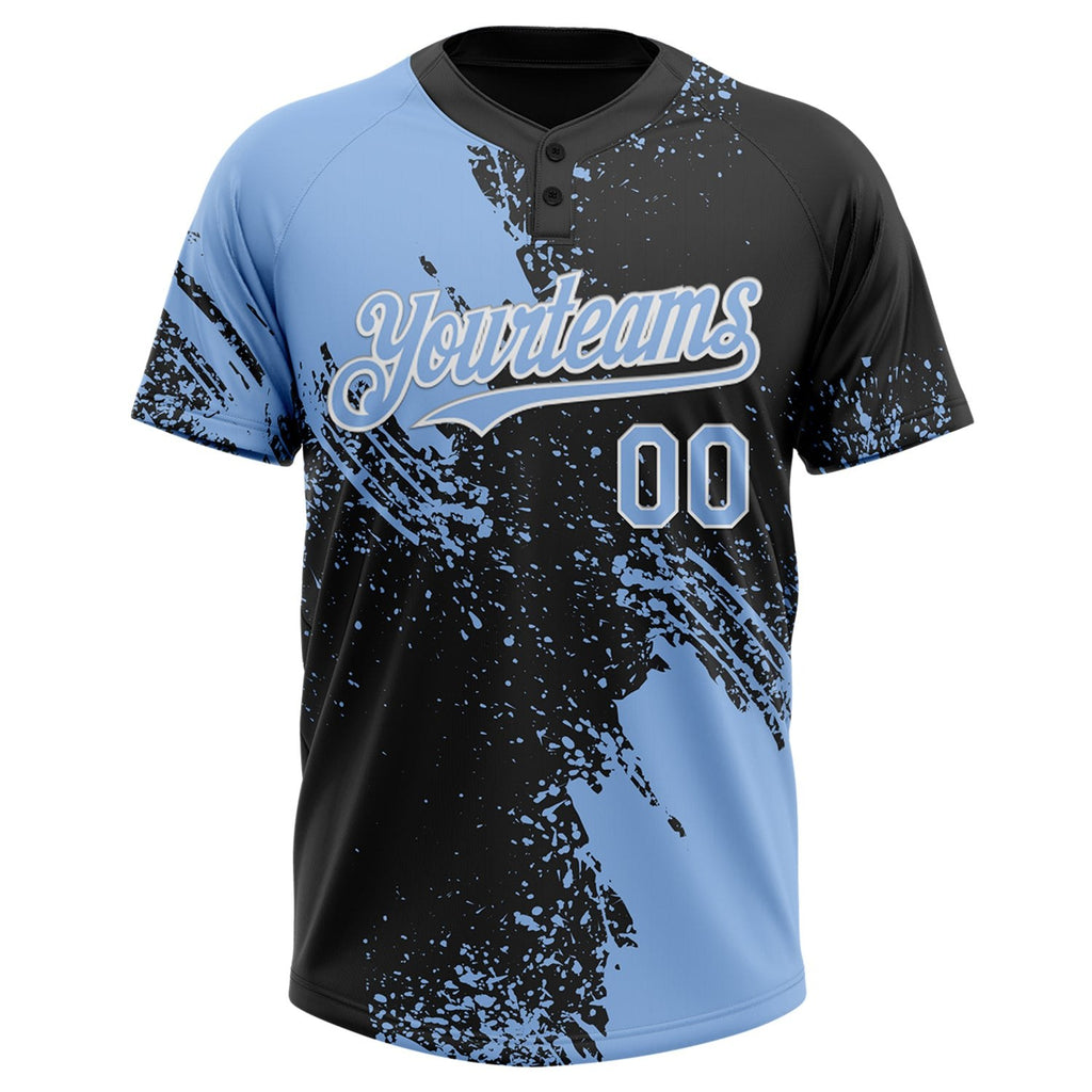 Custom Light Blue Black-White 3D Pattern Abstract Brush Stroke Two-Button Unisex Softball Jersey photo 2