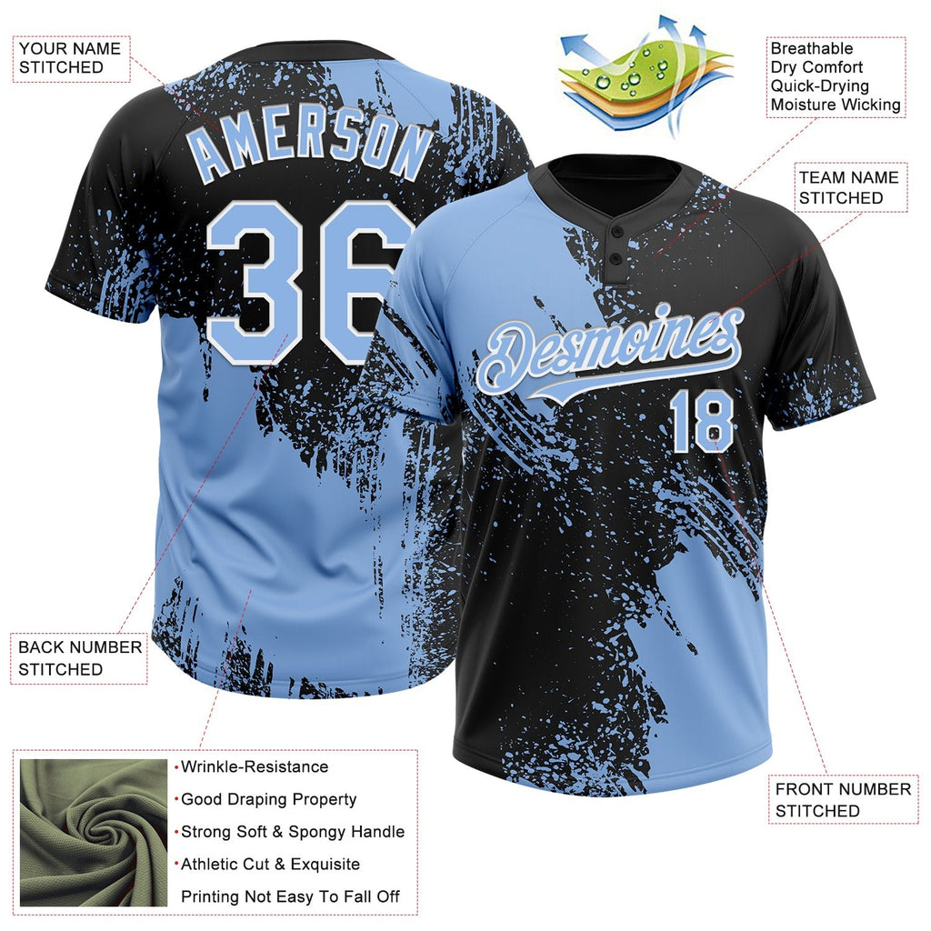 Custom Light Blue Black-White 3D Pattern Abstract Brush Stroke Two-Button Unisex Softball Jersey photo 3