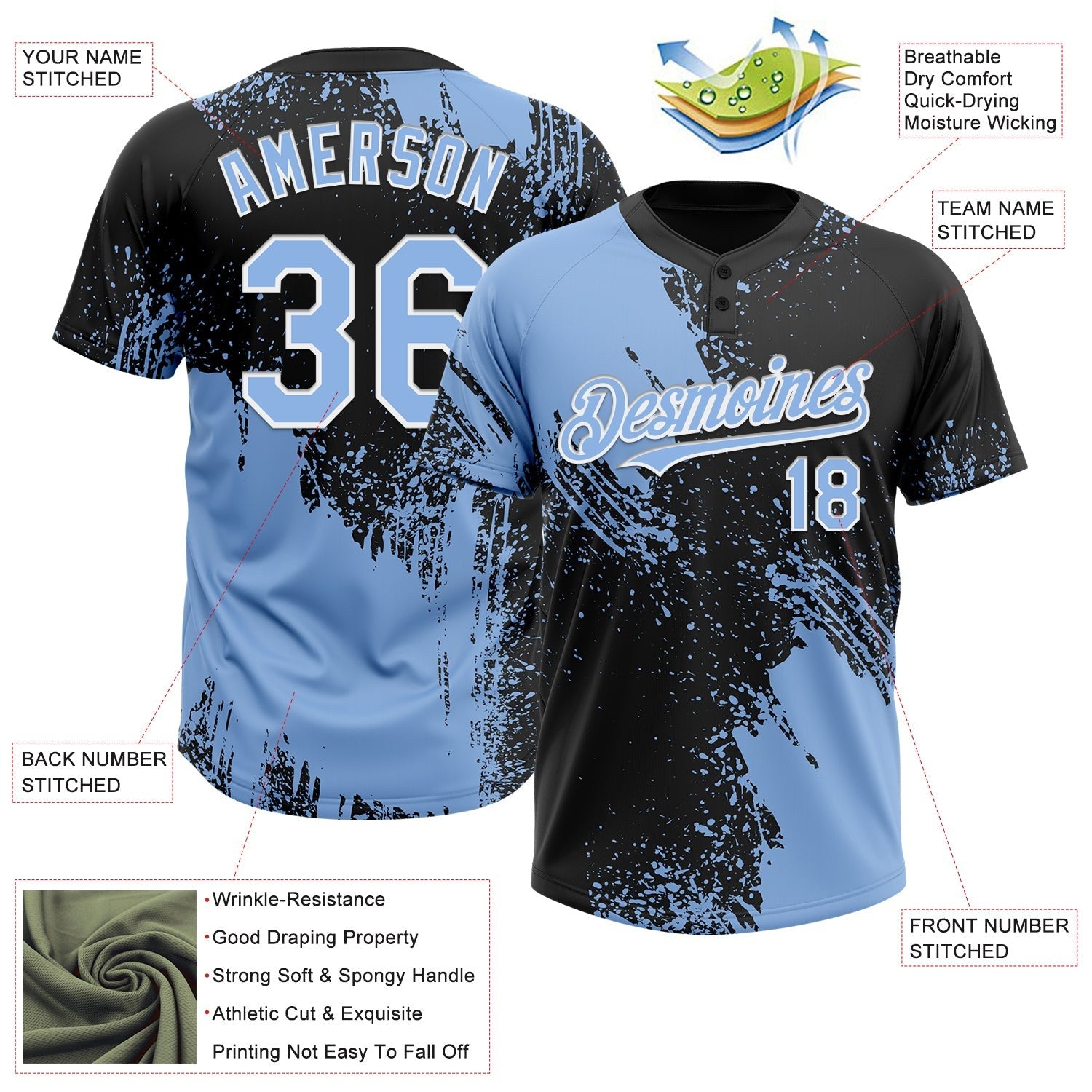 Custom Light Blue Black-White 3D Pattern Abstract Brush Stroke Two-Button Unisex Softball Jersey photo 3