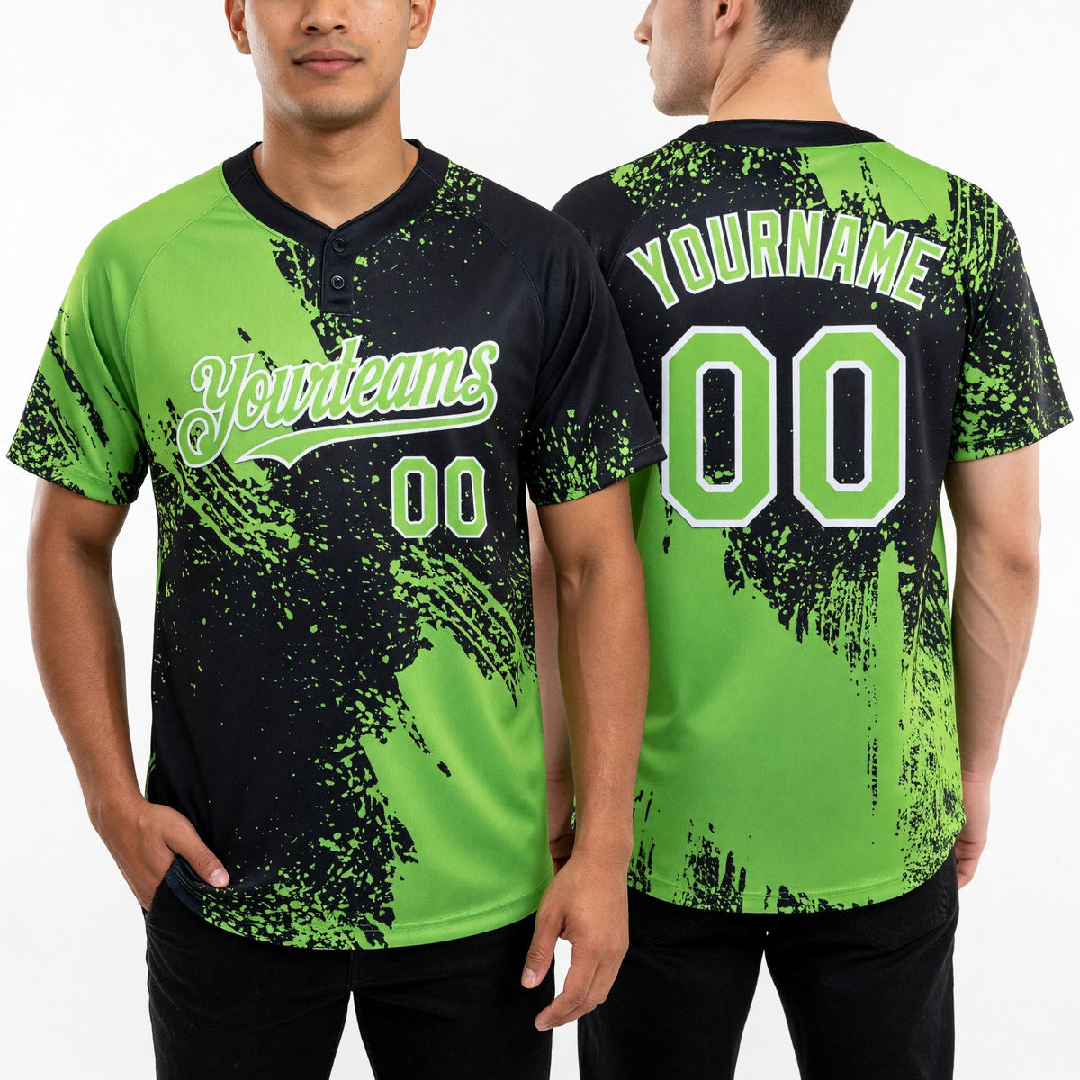 Custom Neon Green Black-White 3D Pattern Abstract Brush Stroke Two-Button Unisex Softball Jersey worn front and back