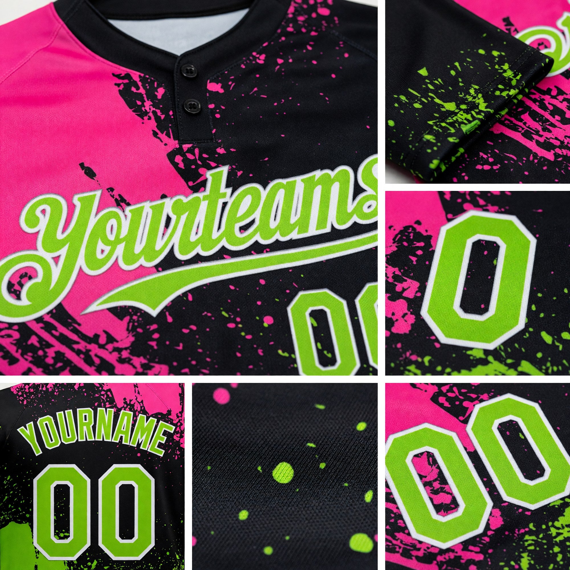 Custom Black Neon Green-Pink 3D Pattern Abstract Brush Stroke Two-Button Unisex Softball Jersey detail