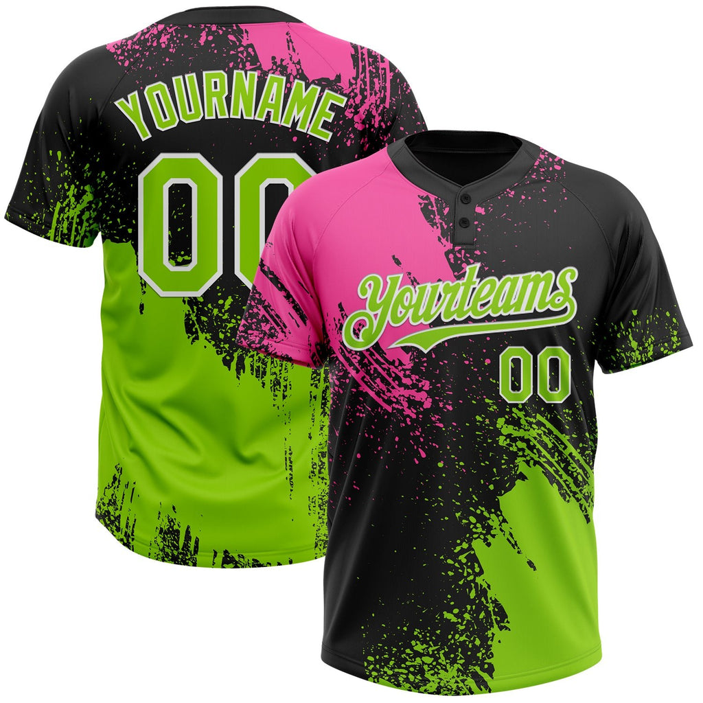 Custom Black Neon Green-Pink 3D Pattern Abstract Brush Stroke Two-Button Unisex Softball Jersey photo 1