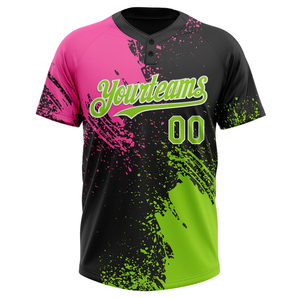 Custom Black Neon Green-Pink 3D Pattern Abstract Brush Stroke Two-Button Unisex Softball Jersey photo 2