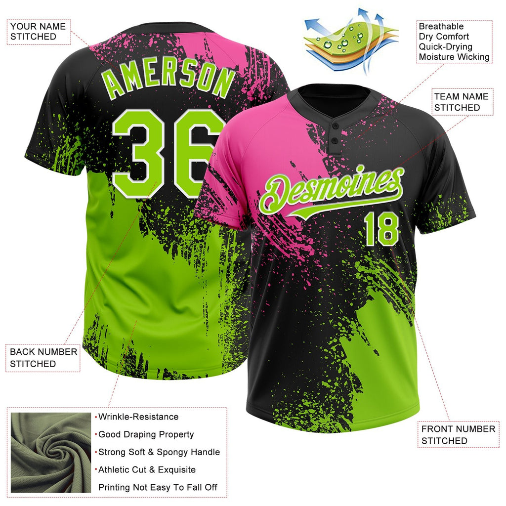 Custom Black Neon Green-Pink 3D Pattern Abstract Brush Stroke Two-Button Unisex Softball Jersey photo 3