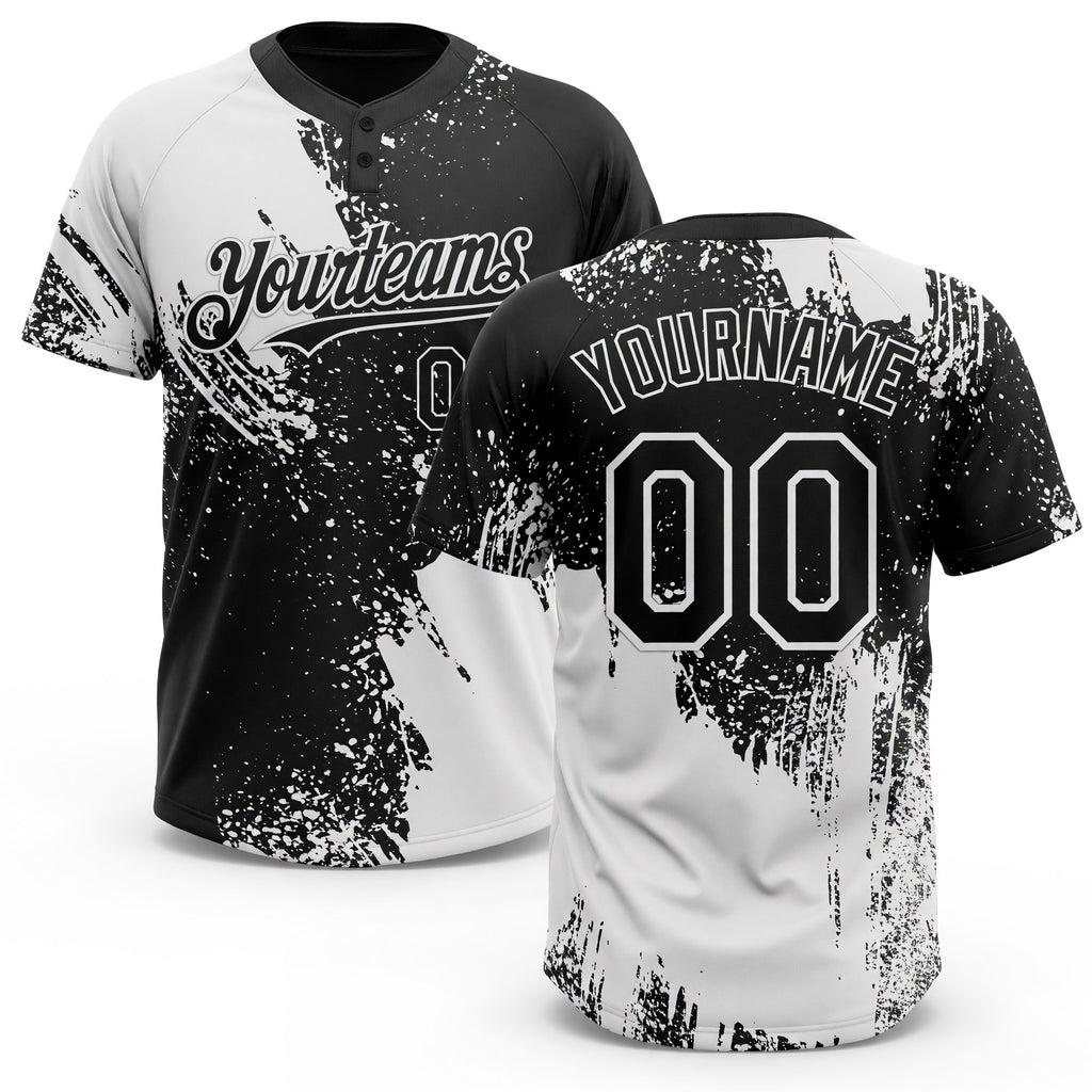 Custom White Black 3D Pattern Abstract Brush Stroke Two-Button Unisex Softball Jersey