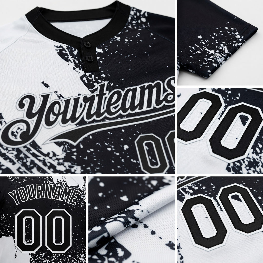Custom White Black 3D Pattern Abstract Brush Stroke Two-Button Unisex Softball Jersey detail