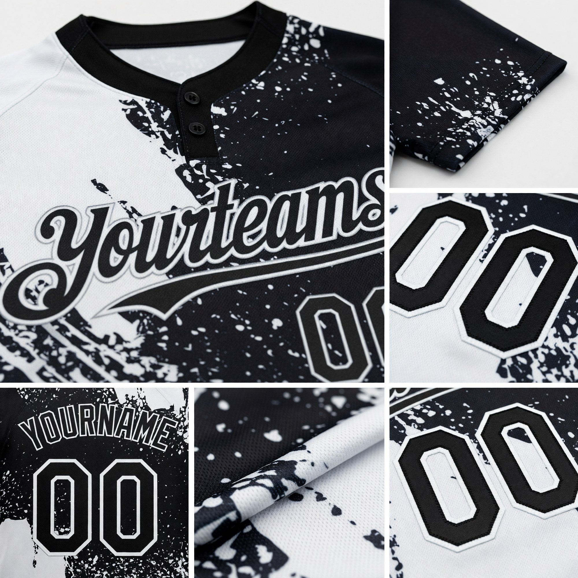 Custom White Black 3D Pattern Abstract Brush Stroke Two-Button Unisex Softball Jersey detail