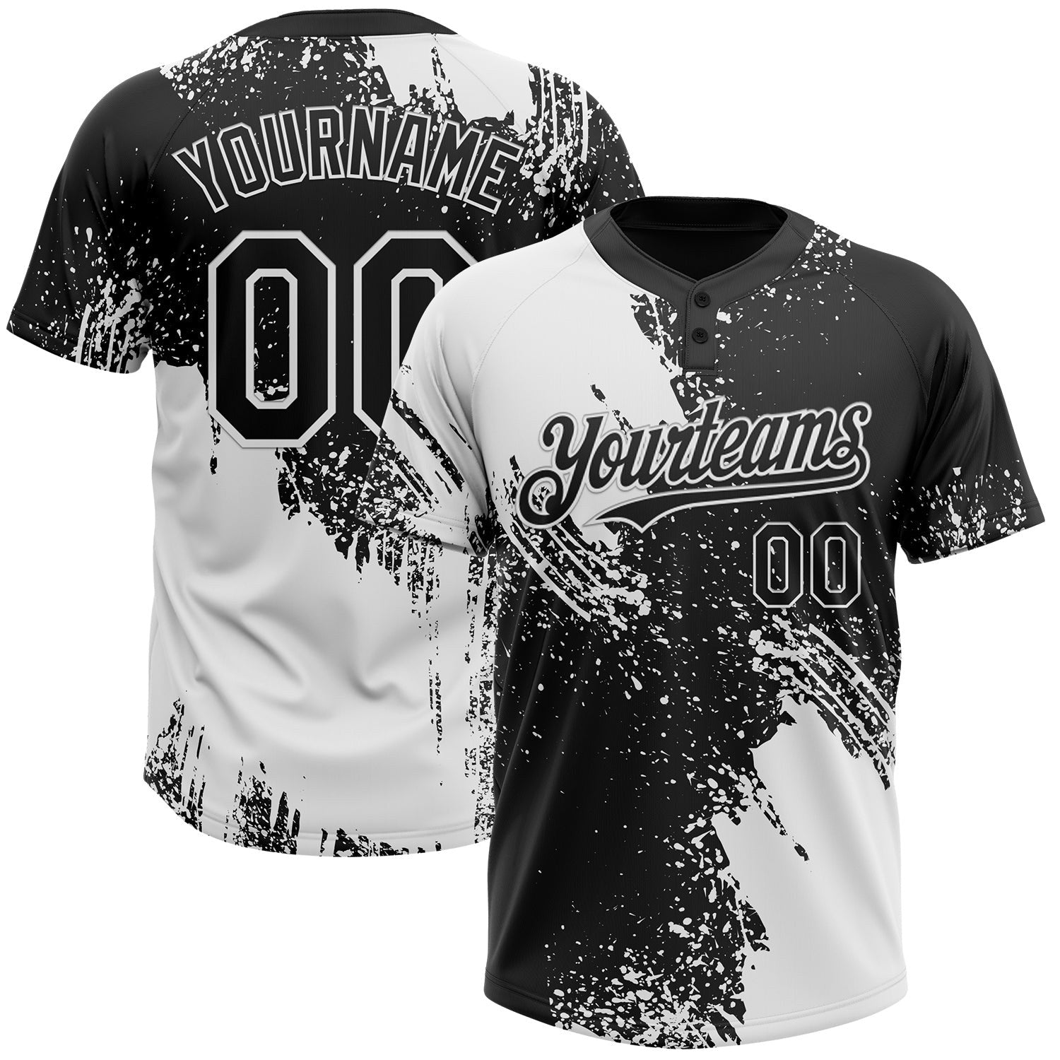 Custom White Black 3D Pattern Abstract Brush Stroke Two-Button Unisex Softball Jersey photo 1