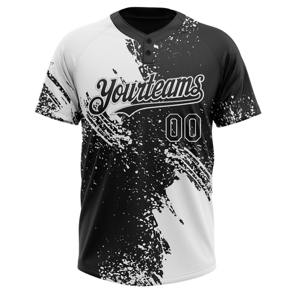 Custom White Black 3D Pattern Abstract Brush Stroke Two-Button Unisex Softball Jersey photo 2