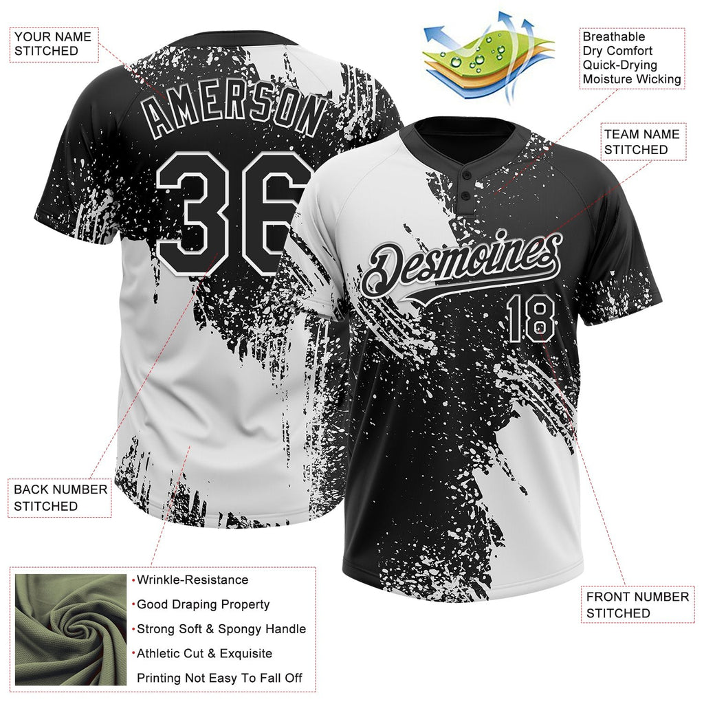 Custom White Black 3D Pattern Abstract Brush Stroke Two-Button Unisex Softball Jersey photo 3