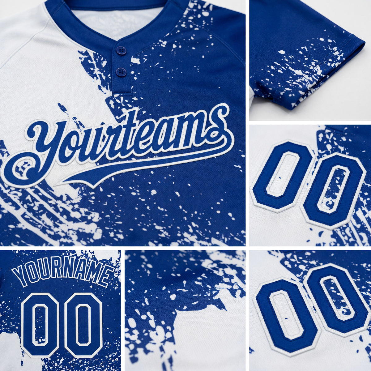 Custom White Royal 3D Pattern Abstract Brush Stroke Two-Button Unisex Softball Jersey detail