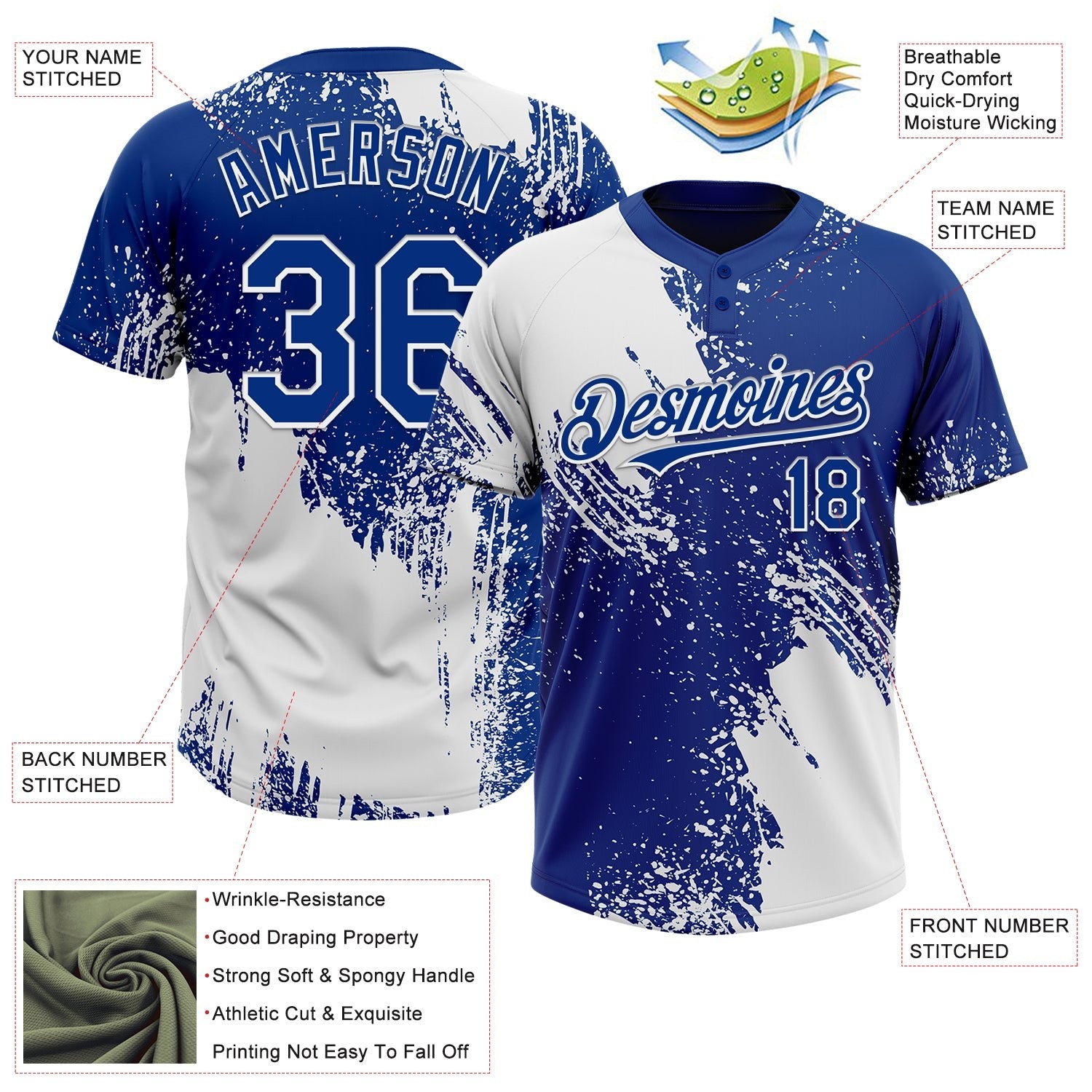 Custom White Royal 3D Pattern Abstract Brush Stroke Two-Button Unisex Softball Jersey photo 3