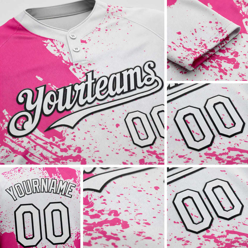Custom Pink White-Black 3D Pattern Abstract Brush Stroke Two-Button Unisex Softball Jersey detail