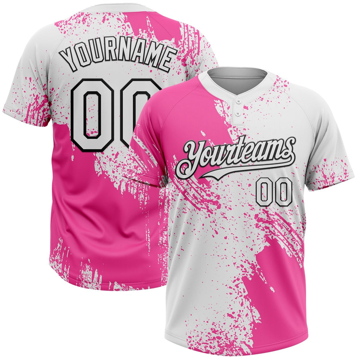 Custom Pink White-Black 3D Pattern Abstract Brush Stroke Two-Button Unisex Softball Jersey photo 1