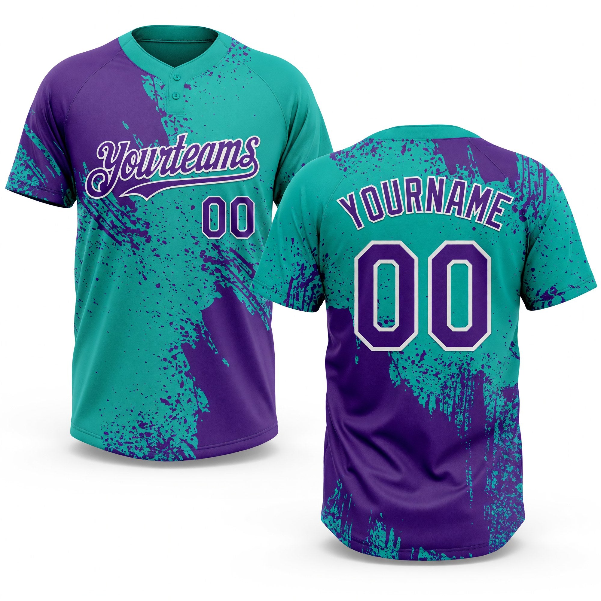 Custom Purple Aqua-White 3D Pattern Abstract Brush Stroke Two-Button Unisex Softball Jersey