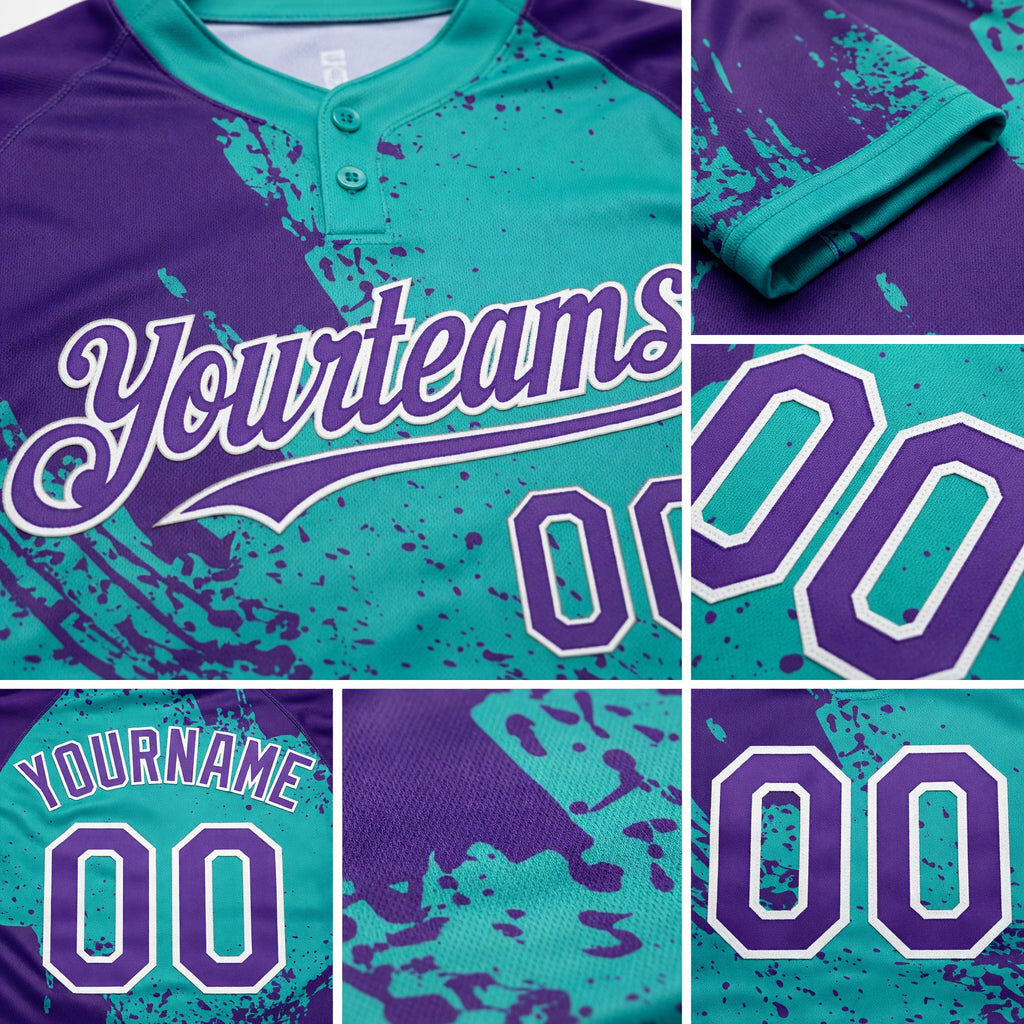 Custom Purple Aqua-White 3D Pattern Abstract Brush Stroke Two-Button Unisex Softball Jersey detail