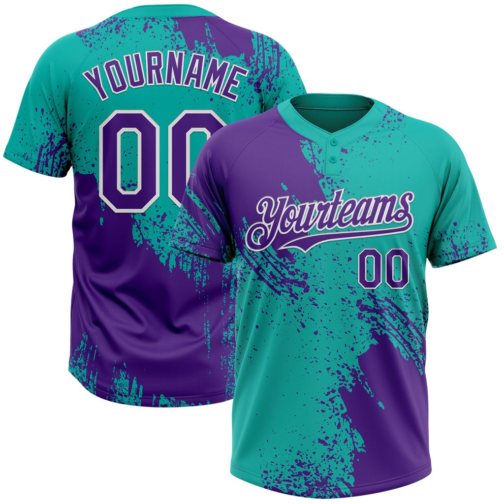 Custom Purple Aqua-White 3D Pattern Abstract Brush Stroke Two-Button Unisex Softball Jersey photo 1
