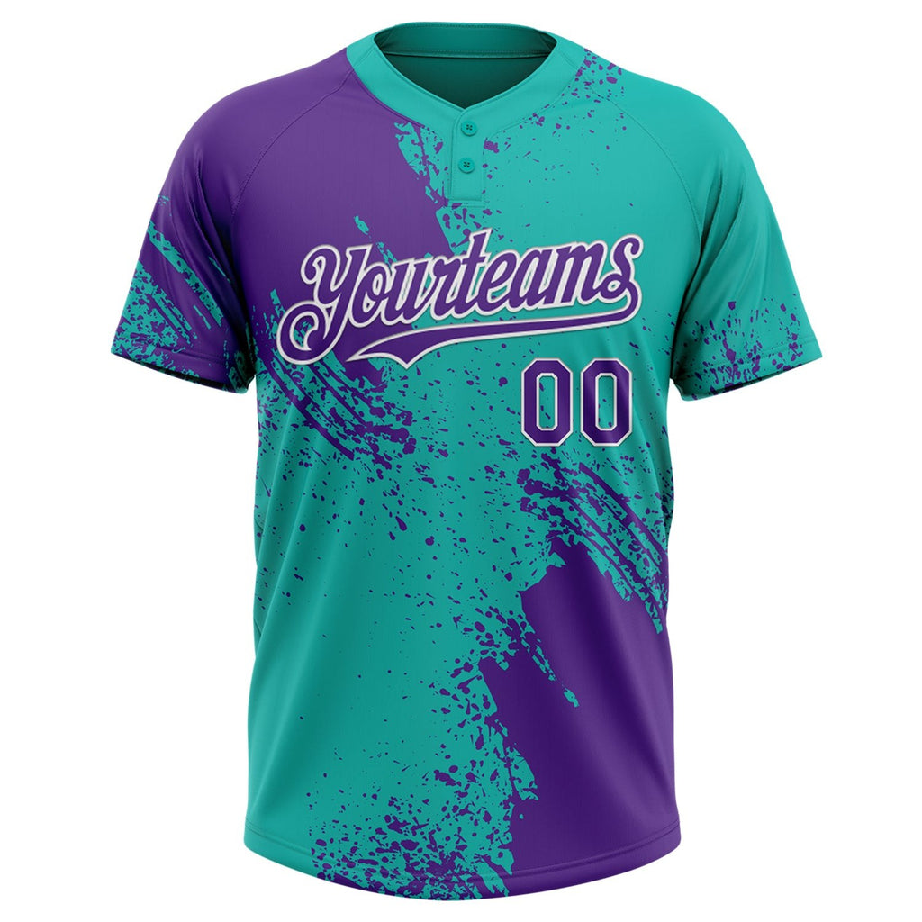 Custom Purple Aqua-White 3D Pattern Abstract Brush Stroke Two-Button Unisex Softball Jersey photo 2
