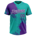 Custom Purple Aqua-White 3D Pattern Abstract Brush Stroke Two-Button Unisex Softball Jersey photo 2