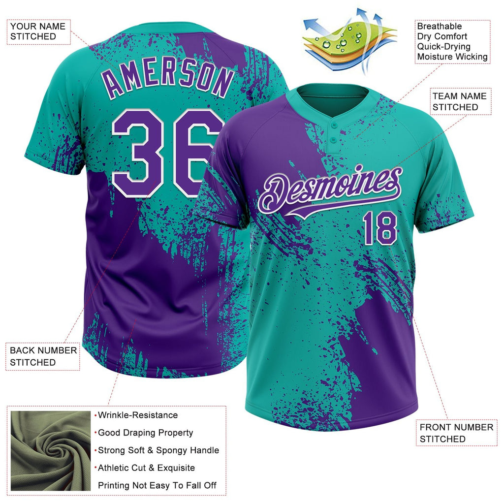 Custom Purple Aqua-White 3D Pattern Abstract Brush Stroke Two-Button Unisex Softball Jersey photo 3