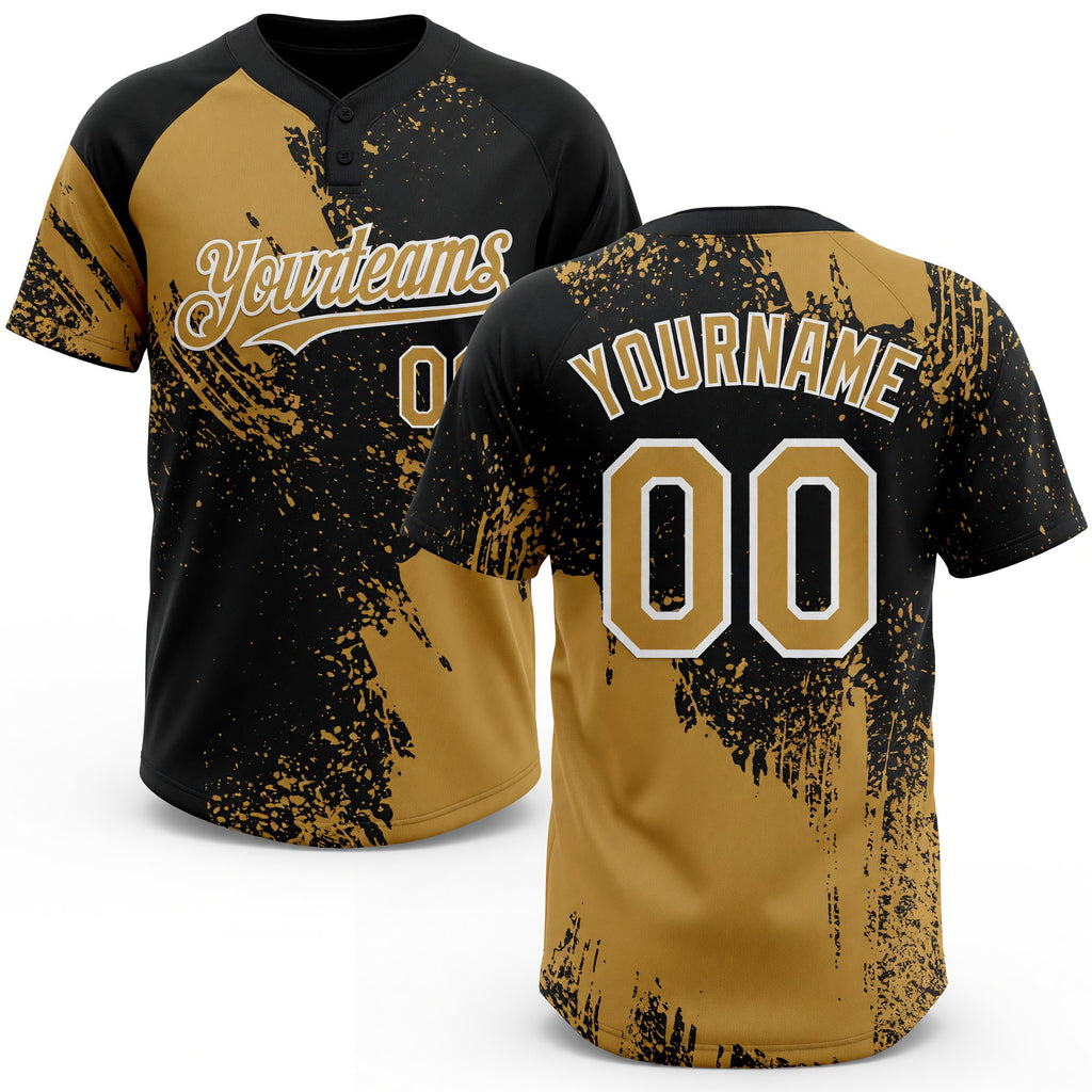 Custom Old Gold Black-White 3D Pattern Abstract Brush Stroke Two-Button Unisex Softball Jersey