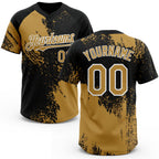 Custom Old Gold Black-White 3D Pattern Abstract Brush Stroke Two-Button Unisex Softball Jersey