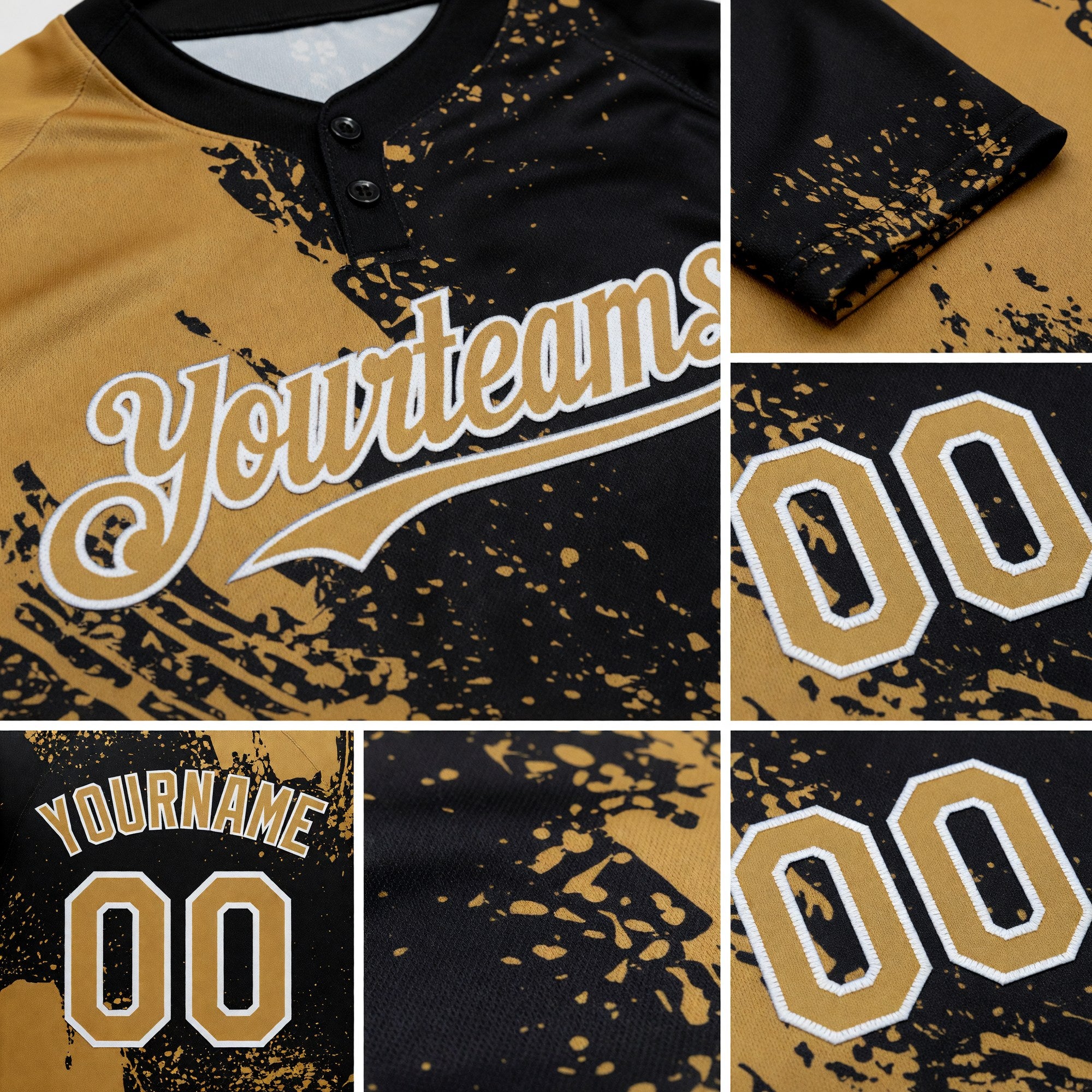Custom Old Gold Black-White 3D Pattern Abstract Brush Stroke Two-Button Unisex Softball Jersey detail