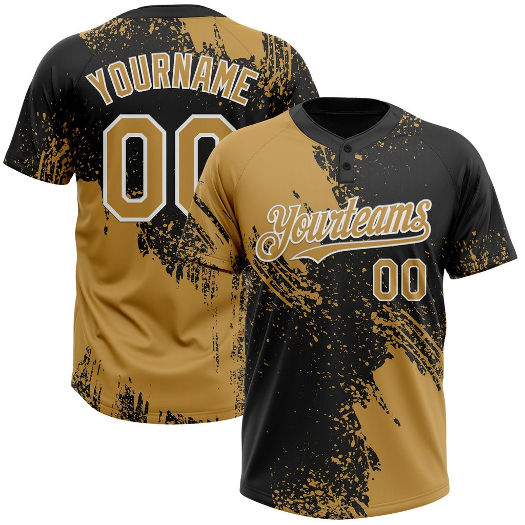 Custom Old Gold Black-White 3D Pattern Abstract Brush Stroke Two-Button Unisex Softball Jersey photo 1