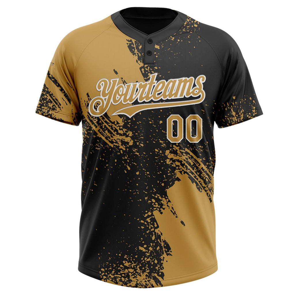 Custom Old Gold Black-White 3D Pattern Abstract Brush Stroke Two-Button Unisex Softball Jersey photo 2